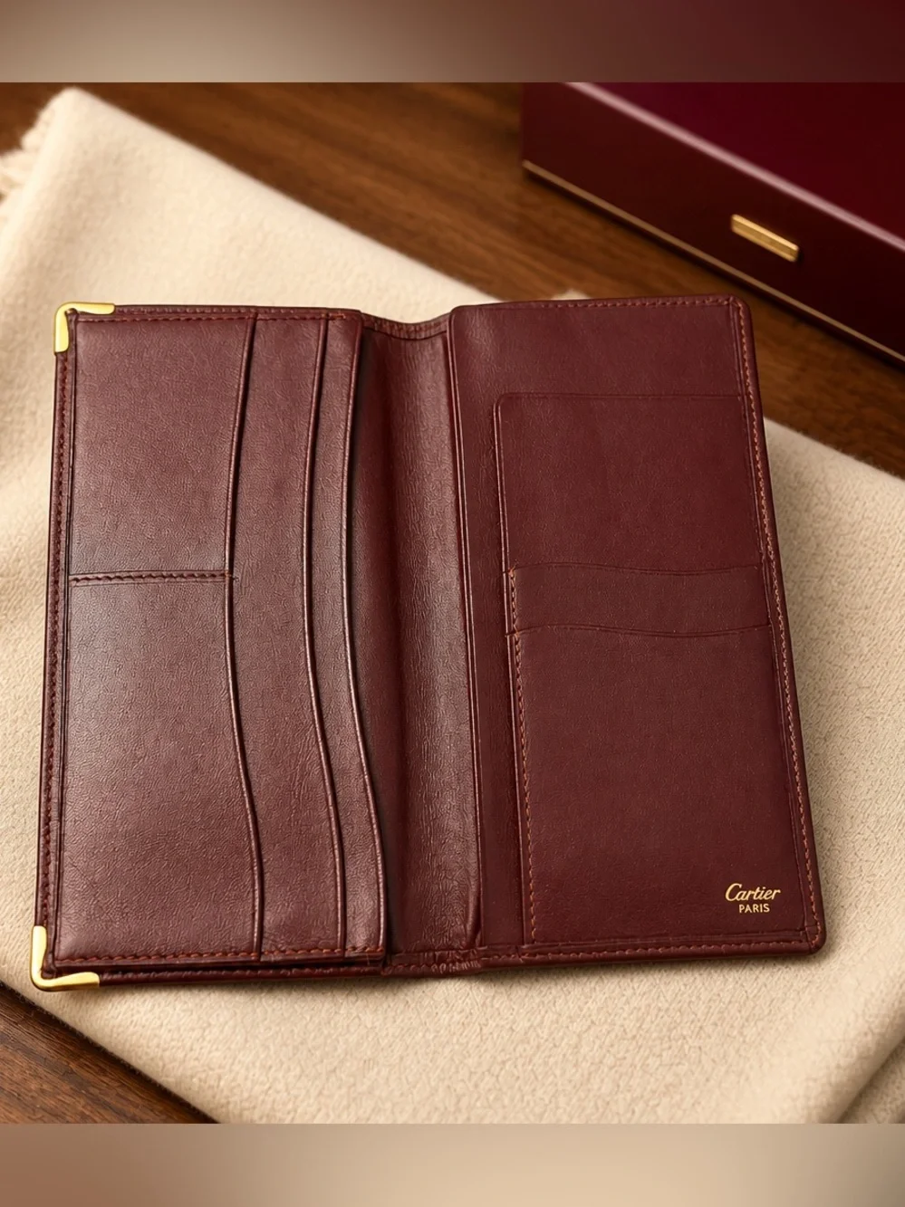 Cartier Paris Burgundy Leather Long Bifold Wallet & Checkbook Holder
